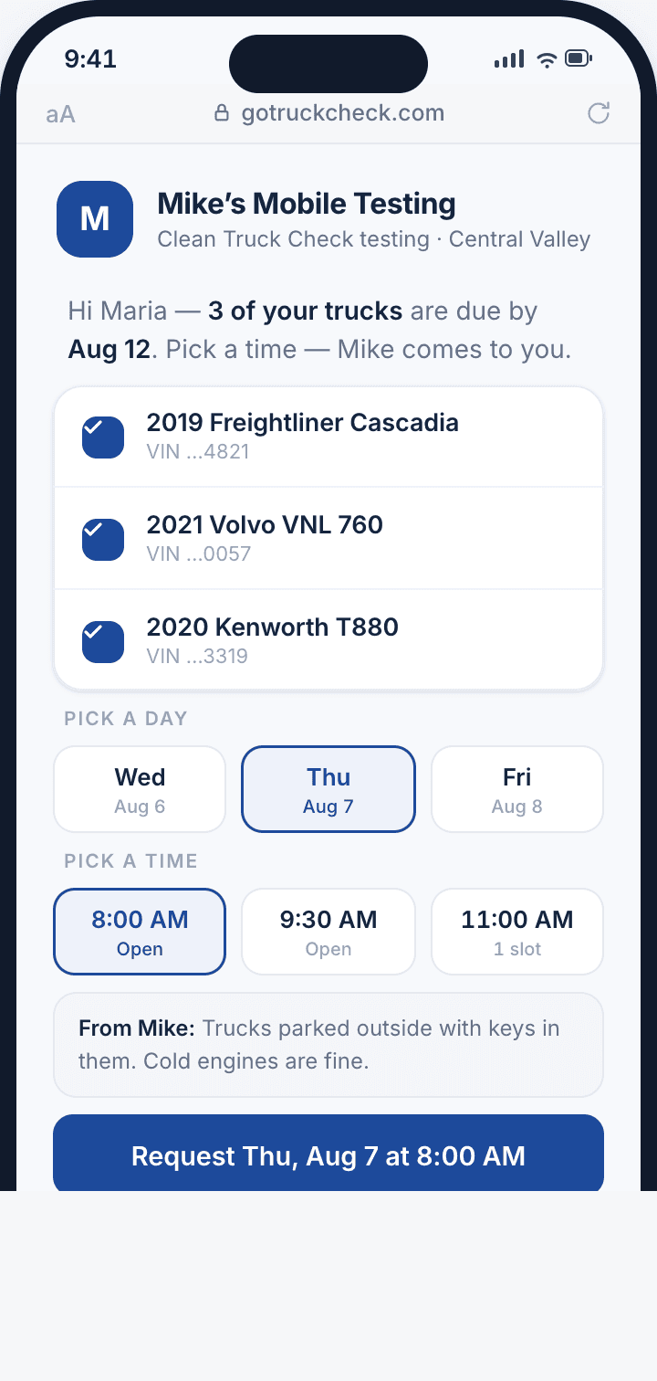 Customer booking page for choosing trucks, date, and time