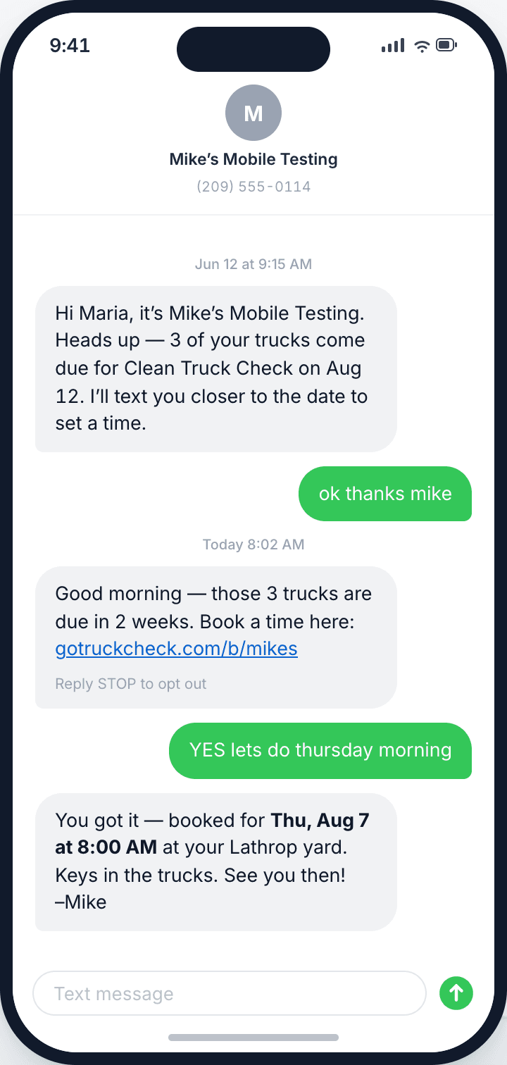 Text conversation showing an automatic deadline reminder turning into a booked truck test